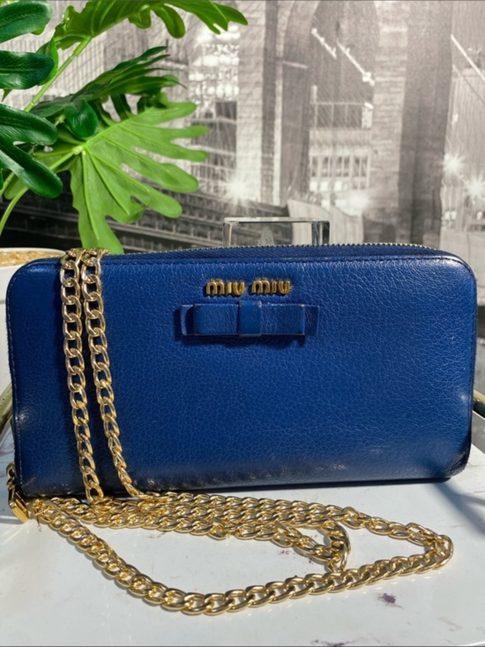 Authentic Miu Miu Royal Blue Leather Bow Long Wallet